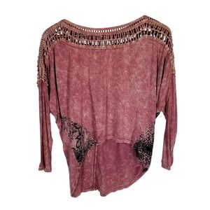 BKE by Buckle Crochet Back Acid Wash Long Sleeve‎ Top Mauve Boho Women's S